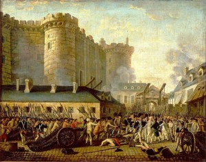 Figure 1. Storming of the Bastille and arrest of the Governor M. de Launay, July 14, 1789. Those are probably archival records burning in the background.  Public domain Image via Wikimedia Commons. Artist unknown.