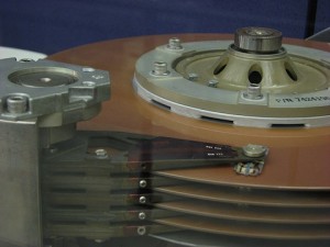 Figure 6. Close-up of a disk drive at the Computer History Museum, showing arms and a read/write head. Processing Born-Digital Materials Using AccessData FTK at Special Collections, Stanford University Libraries, 2011.